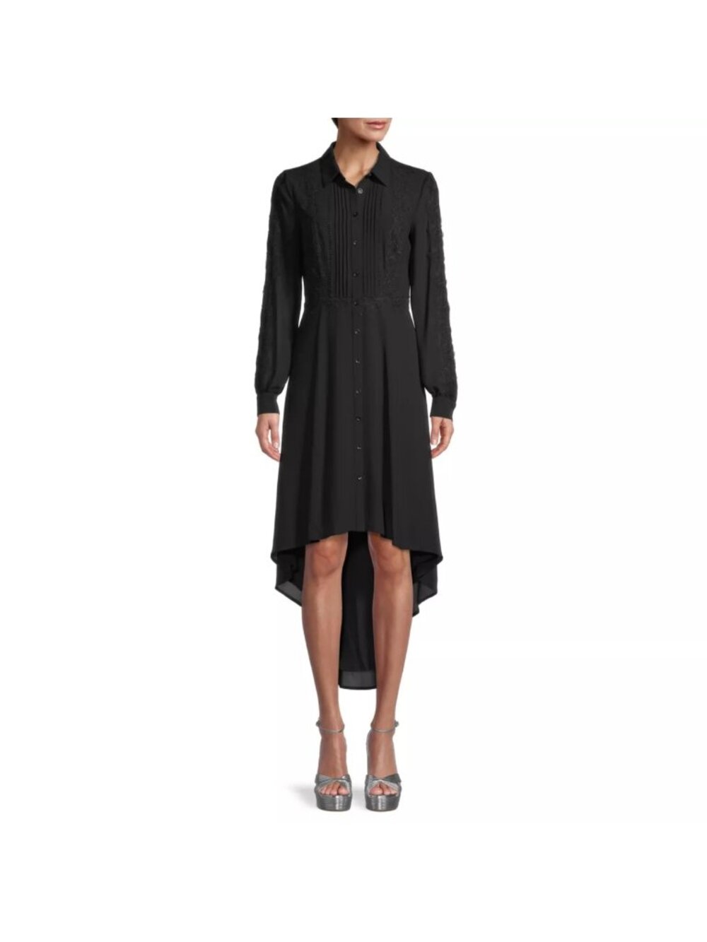Shani Black High-Low Lace Trim Button-Front Midi Dress US 14 goth sheer long